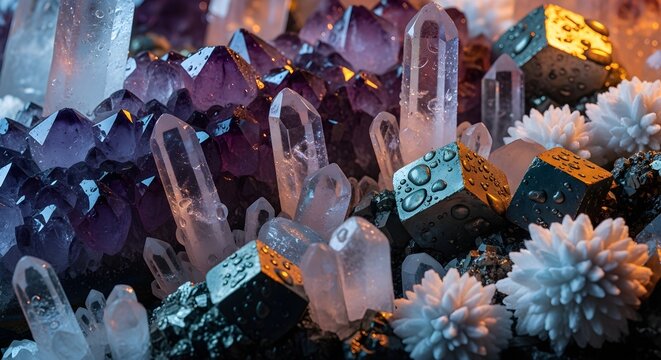 Amethyst quartz crystal cluster with pyrite cubes and aragonite flowers mineral specimen gemstone collection