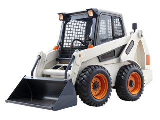 White skid steer loader, with orange wheels and dark gray bucket, cutout, PNG, isolated on white or transparent background, AI