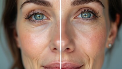 Woman face comparison shows wrinkle reduction after cosmetic procedure. Smooth skin texture, improved facial appearance, youthful glow achieved. Visible change in complexion, skin health and radiance.