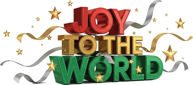 3d rendering of joy to world text with gold star and ribbon decoration