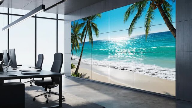 Advanced smart wall technology with interactive holographic beach scene in modern office space video footage