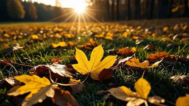 A single leaf lying on green grass with sunlight in the background, perfect for nature and outdoors related themes
