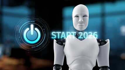 A humanoid robot stands in a modern setting, engaging with a digital interface that displays a power button and the text "START 2026," symbolizing technological advancement and innovation. Synapse - Powered by Adobe