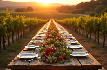 Long rustic table set for dinner party in vineyard at sunset. Fresh fruit centerpieces adorn place settings with glassware, plates. Guests anticipate evening feast amidst grapevines, golden light.