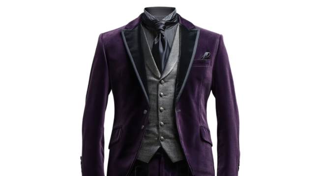 PNG of Elegant purple tuxedo showcasing a sophisticated, modern style with contrasting gray vest and sleek black tie.