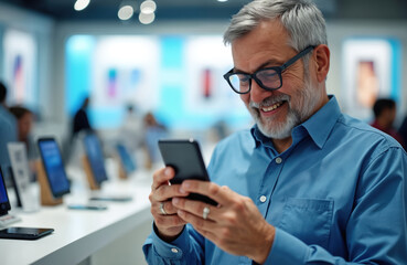 Smiling mature man tests smartphone in shop. Happy senior customer with eyeglasses uses mobile device at store. Elderly guy reads message on new phone screen.