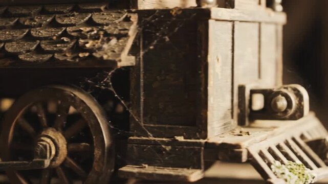 Vintage wooden train model with intricate details and cobwebs captured in detail