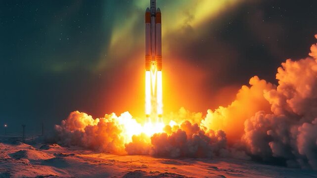 A rocket blasts off from a launchpad amidst cloudy weather, with smoke and flames trailing behind