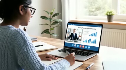 Professional, focused woman in front of laptop, utilizing digital tools for online collaboration and knowledge sharing, conveying productivity and focus in todays fast paced world.