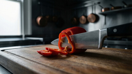 Close-up of a red bell pepper being sliced on a wooden cutting board, perfect for cooking blogs or healthy recipe cards.