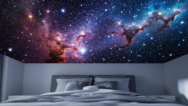 Minimalist bedroom with ceiling transforming into vibrant cosmic starry sky and colorful nebula at night, dreamy calm atmosphere video footage