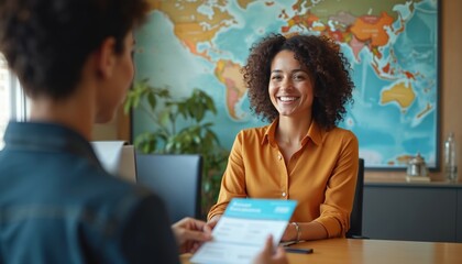 Fototapeta na wymiar Travel agent smiles helping client with booking. Woman receives travel documents at desk. World map decorates office wall. People plan trip.