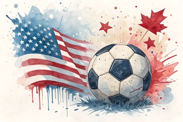 Soccer Ball With United States And Canada Flags Watercolor Splash Art

