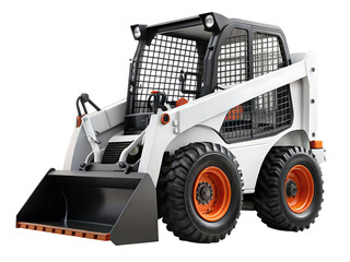 White skid steer loader, with orange wheels and black bucket, cutout, PNG, isolated on white or transparent background, AI