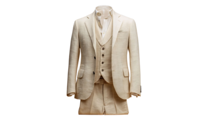 PNG of Elegant men's tan suit featuring a tailored jacket, vest, and shorts for a stylish summer look.