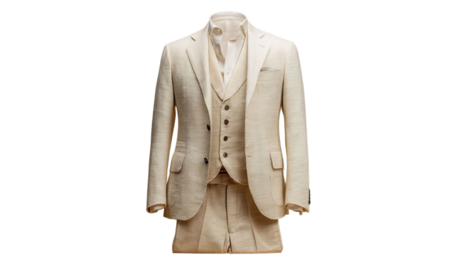 PNG of Elegant men's tan suit featuring a tailored jacket, vest, and shorts for a stylish summer look.