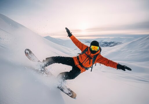 Snowboarder in orange jacket rides down a snowy mountain with outstretched arms at sunset