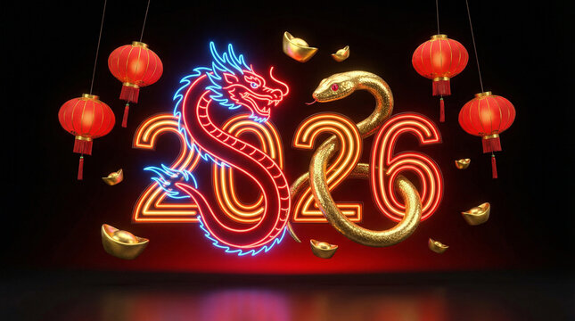 2026 new year celebration with glowing dragon and golden snake, red lanterns and flying gold ingots on black background