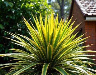 Fototapeta premium Cordyline plant grows in yard. Green yellow leaves are illuminated by sun. Exotic plant in garden near house. Landscaping design idea, plant care concept or home decoration.