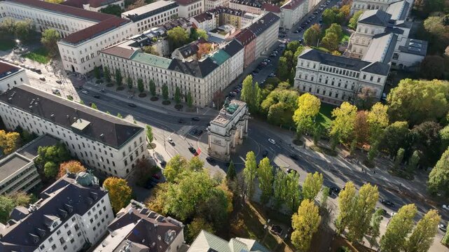 sunny day munich city center famous traffic street square arch front aerial panorama 4k germany