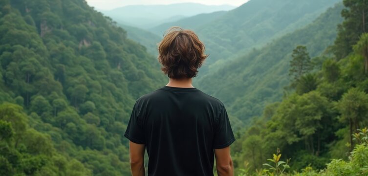 Man with brown hair stands with back to camera. Observes vast green mountains. Forest covers misty hills. Guy finds inner peace, solitude, connects deeply with beautiful nature. Explores wild