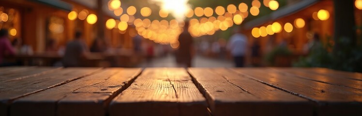 Empty wooden table at dusk. Outdoor cafe with bokeh lights and blurred friends creates magical evening ambience. Perfect for product placement or food scene.