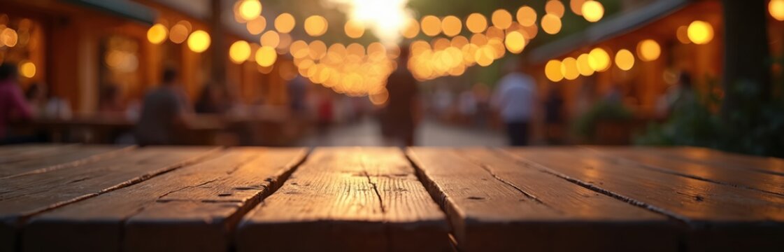 Empty wooden table at dusk. Outdoor cafe with bokeh lights and blurred friends creates magical evening ambience. Perfect for product placement or food scene.