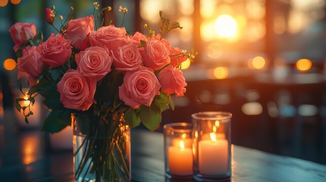 Couple celebrates anniversary surrounded by soft light and beautiful flowers in a warm and romantic setting - Powered by Adobe