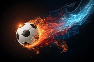 Naklejka premium Dynamic Flaming Soccer Ball In Motion Across A Dark, Energetic Background