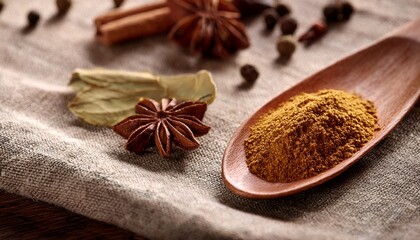 wooden spoon with spices on cloth