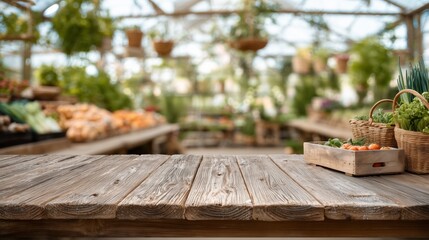 Rustic wooden table in a vibrant greenhouse filled with fresh produce and greenery