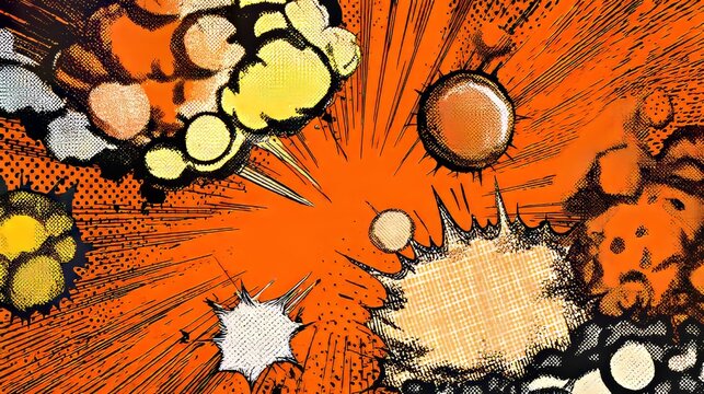 Super Action! Comic bubbles, bursts, and retro pop art style. Dynamic manga layouts with halftone effects on orange.
