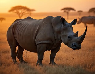 Obraz premium Large rhino stands in dry grass plain at sunset. Another rhino walks in background. African savannah trees silhouette against orange sky. Wildlife animal photo.