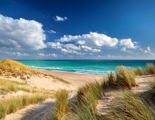 sunny coastal dunes meet turquoise sea puffy clouds