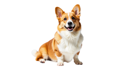 A brown and white dog is sitting on a white floor, looking up