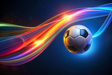 Naklejka premium Dynamic Neon Soccer Ball With Colorful Light Trails In A Futuristic Sports Scene