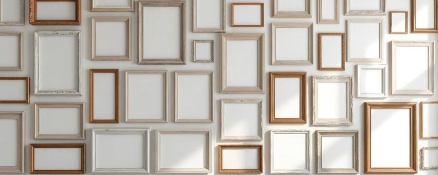 Wall covered with many empty picture frames of various sizes and colors. Frames are hung closely together on a white wall. This collection offers space for your custom photos, art or graphic designs.