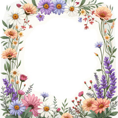 Elegant watercolor wildflower wreath with colorful daisies and lavender, forming a circular floral frame for invitations. Vector illustration with copy space