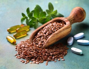 wooden scoop with flax seeds herbs and capsules