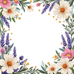 Vector illustration of a spring flower border with chamomile, lavender, and pink blossoms, creating a decorative nature-themed frame design