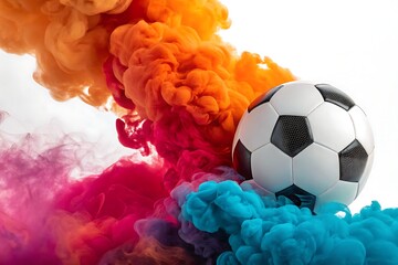 Obraz premium Soccer Ball in Vibrant Colorful Smoke Cloud for Dynamic Sports Action Photo