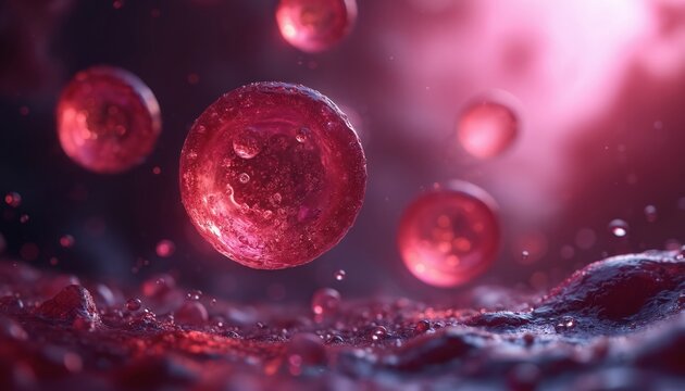 Macro view of vibrant red cells floating in fluid. Microscopic detail shows textured surface with small bubbles. Biology, health, science concepts clearly represented. Dynamic movement of cellular - Powered by Adobe