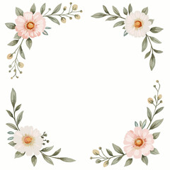 Elegant watercolor floral corner frame illustration featuring delicate pink and white blossoms with lush green foliage, perfect for wedding invitations, greeting cards, and decorative design projects