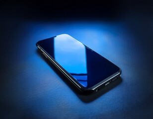 photo of sleek black smartphone with a reflective screen illuminated by dramatic blue studio lighting against a dark moody background
