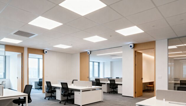 Medium shot of an office space with wireless lighting panels and motion sensors that adapt to occupancy for optimized energy savings.