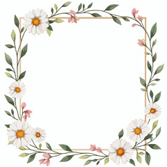 Elegant watercolor daisy flower frame with green leaves and pink blossoms for wedding invitations or greeting cards