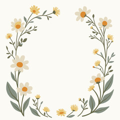 Charming circular daisy floral wreath illustration with yellow and white blossoms, adorned with delicate green leaves, perfect for spring invitations, cards, and decorative designs