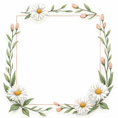 Elegant square frame decorated with delicate watercolor-style white daisies, pink buds, and lush green leaves. A beautiful botanical vector illustration for invitations