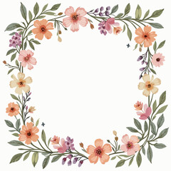 A delicate square floral wreath with soft pink and orange watercolor flowers, leaves, and butterflies, ideal for greeting cards and invitations