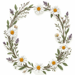 Delicate Daisy Wreath Illustration with Lavender and Foliage Accents